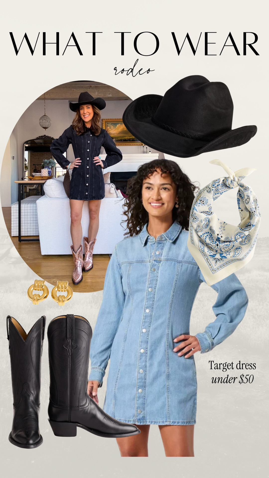 What to wear to the Rodeo! Love this denim Target dress under $50

Black cowboy hat, scarf bandana, Luchesse boots 

 #LTKootd
