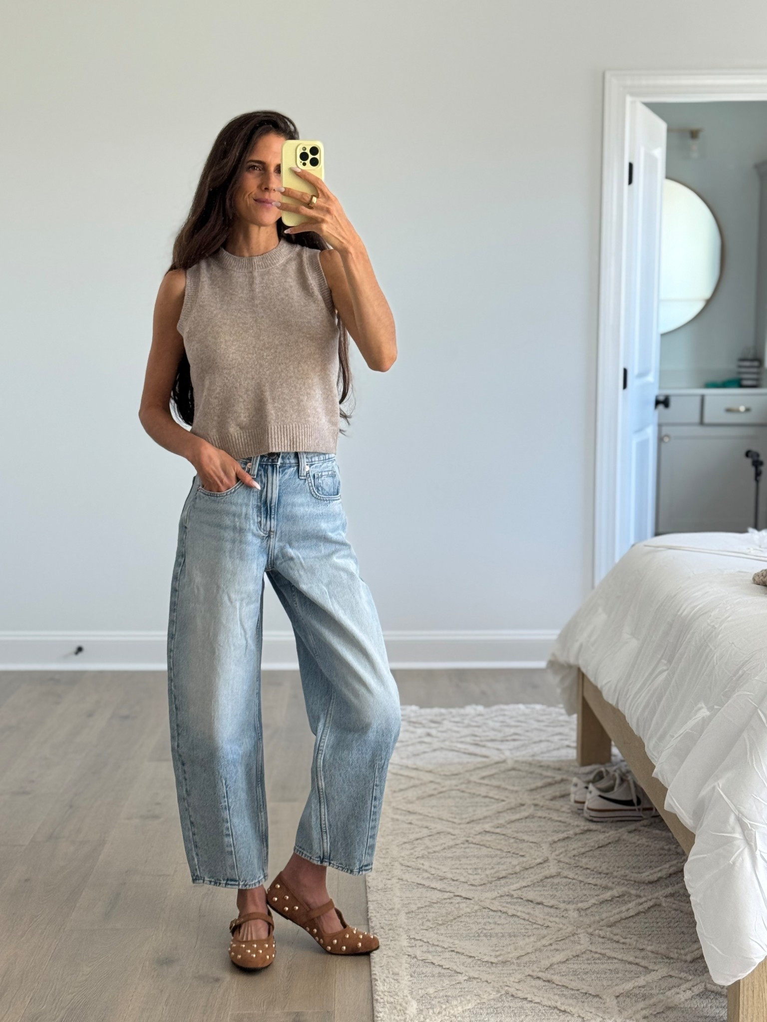 Simple and chic—this sleeveless knit paired with relaxed denim is the kind of outfit that works for just about anything. The cropped length balances perfectly with wide-leg jeans, and the studded flats add a fun, unexpected detail. Minimal effort, maximum style.

sleeveless knit top, cropped knit sweater, wide leg jeans outfit, relaxed denim style, casual chic look, fall casual outfit, neutral knit outfit, effortless fall style, modern everyday outfit, studded flats outfit, easy fall fashion, chic casual wardrobe, cozy neutral outfit, polished casual look, denim and knit combo

#LTKStyleTip #LTKSeasonal #LTKFindsUnder50