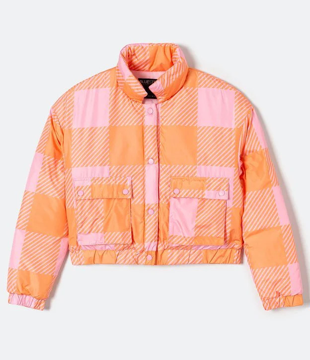 Jaqueta Puffer Estampa Xadrez Vichy com Bolsos Laranja - Lojas Renner | Lojas Renner BR