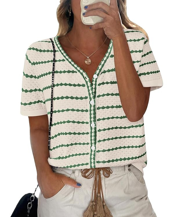 NALANISA Women's Short Sleeve Sweater Spring Summer Crochet Knit Tops 2025 V Neck Striped Button ... | Amazon (US)