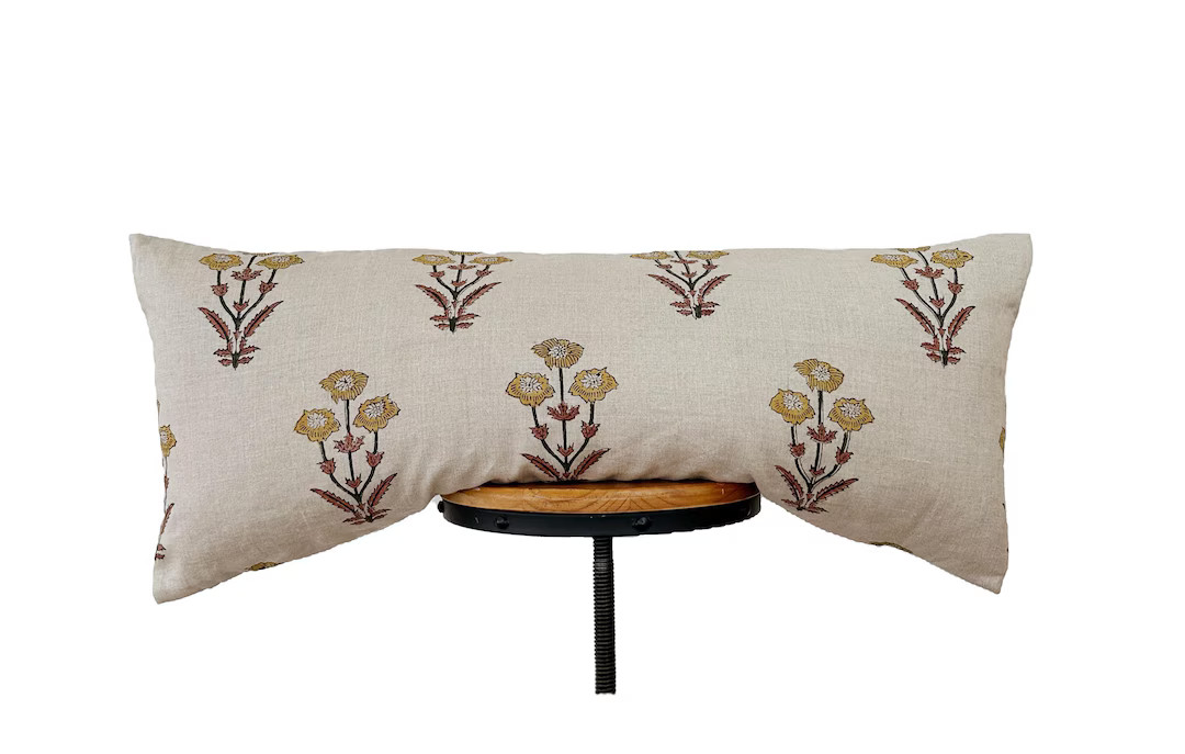 Block Print Linen Fabric Pillow Cover. Yellow, Green, Red Floral Lumbar Pillow Cover . 14x30(fit ... | Etsy (US)