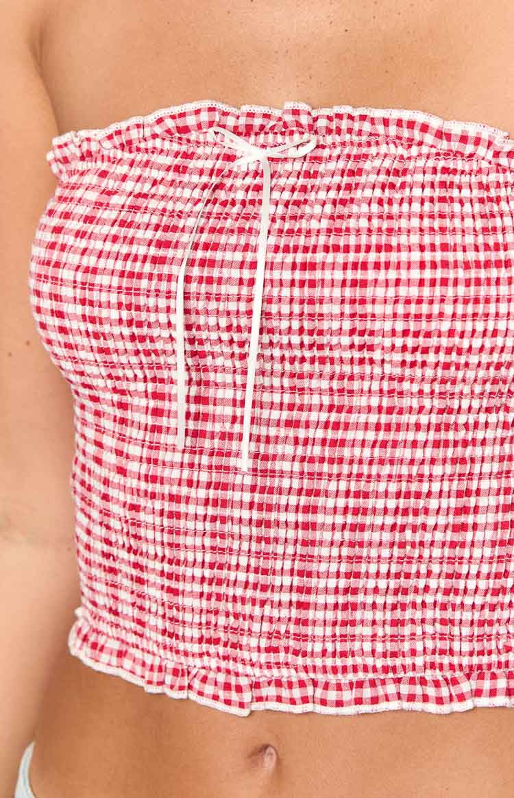 Boston Red Gingham Strapless Top | Beginning Boutique (US)