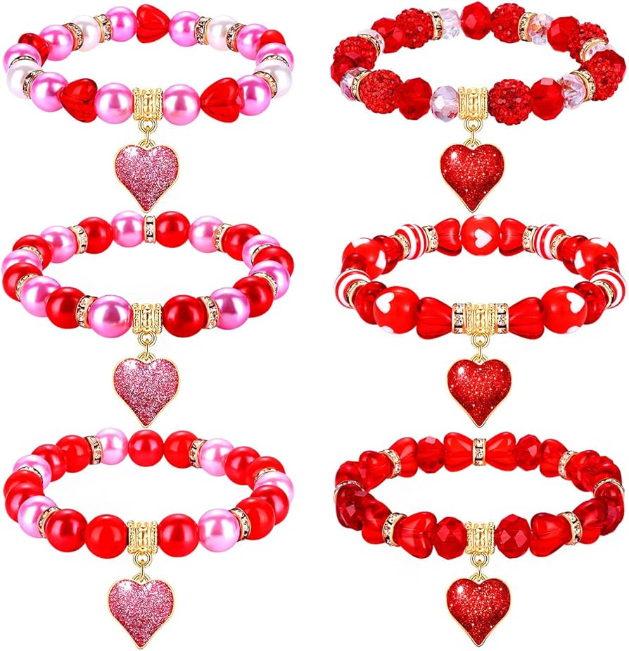 XOCARTIGE 6PCS Valentine’s Day Bracelets Red Heart Charms Bracelets for Women Girls Crystal Pea... | Amazon (US)