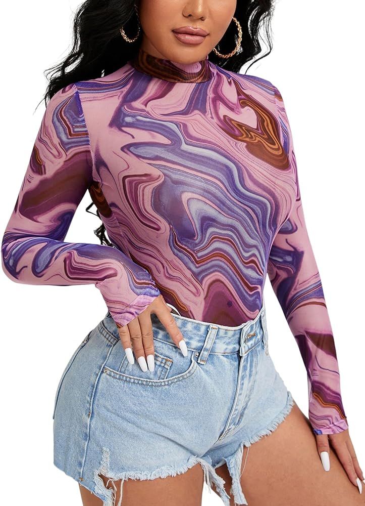 Floerns Women's Marble Print Long Sleeve Mock Neck T Shirt Mesh Bodysuit Tops | Amazon (US)