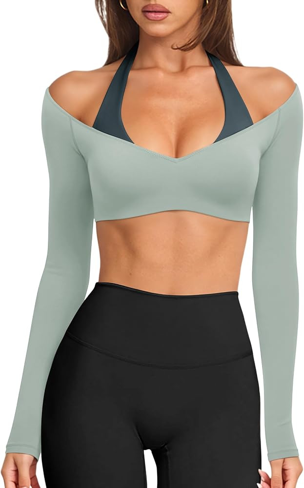 LASLULU Womens Colorblock Padded V Neck Crop Top Long Sleeve Workout Top | Amazon (US)