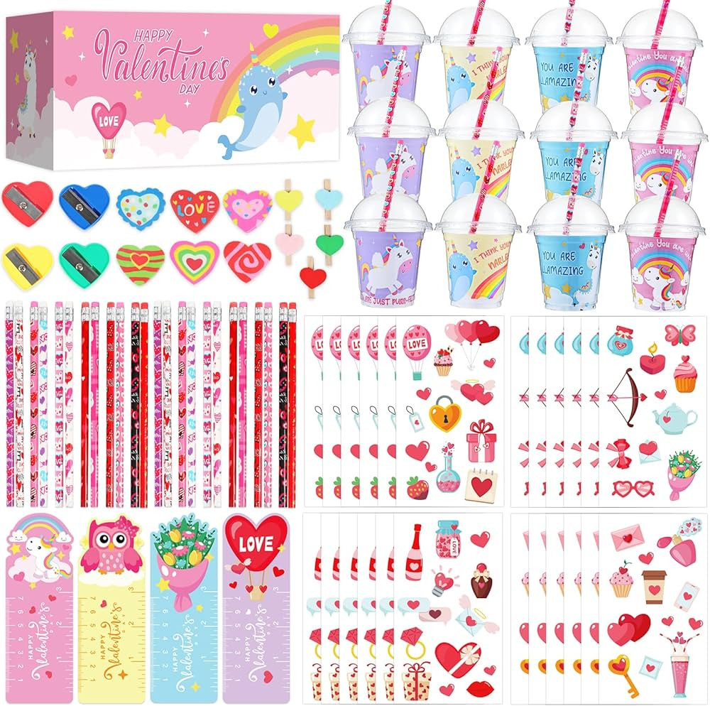 Valentines Day Gift for Kids 24 Pack Valentines Day Stationery Set Gift with Cups Unicorn Cards P... | Amazon (US)