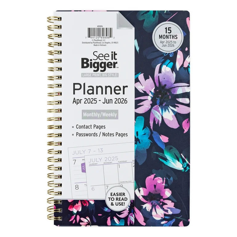 See it Bigger Monthly Weekly Planner Medium (6″ x 8.5″) Blue Floral, 15 month, Apr 2025-Jun 2... | Walmart (US)