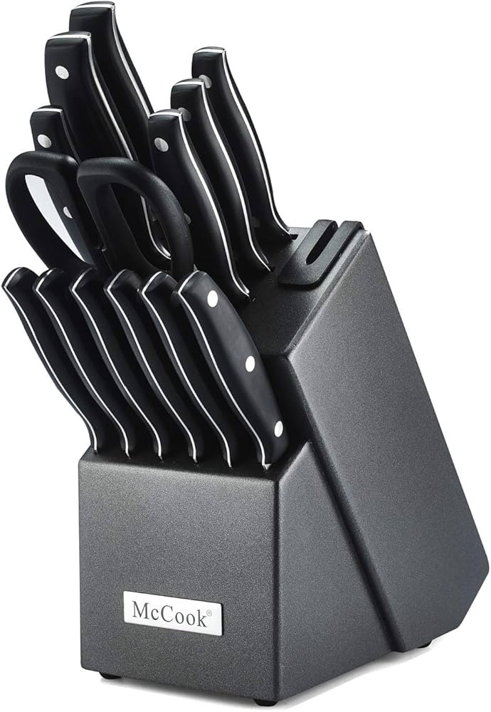 McCook MC39 14 Pieces Full Tang Triple Rivet Kitchen Knife Block Set with Built-in Sharpener and Kitchen Scissor, Black | Amazon (US)