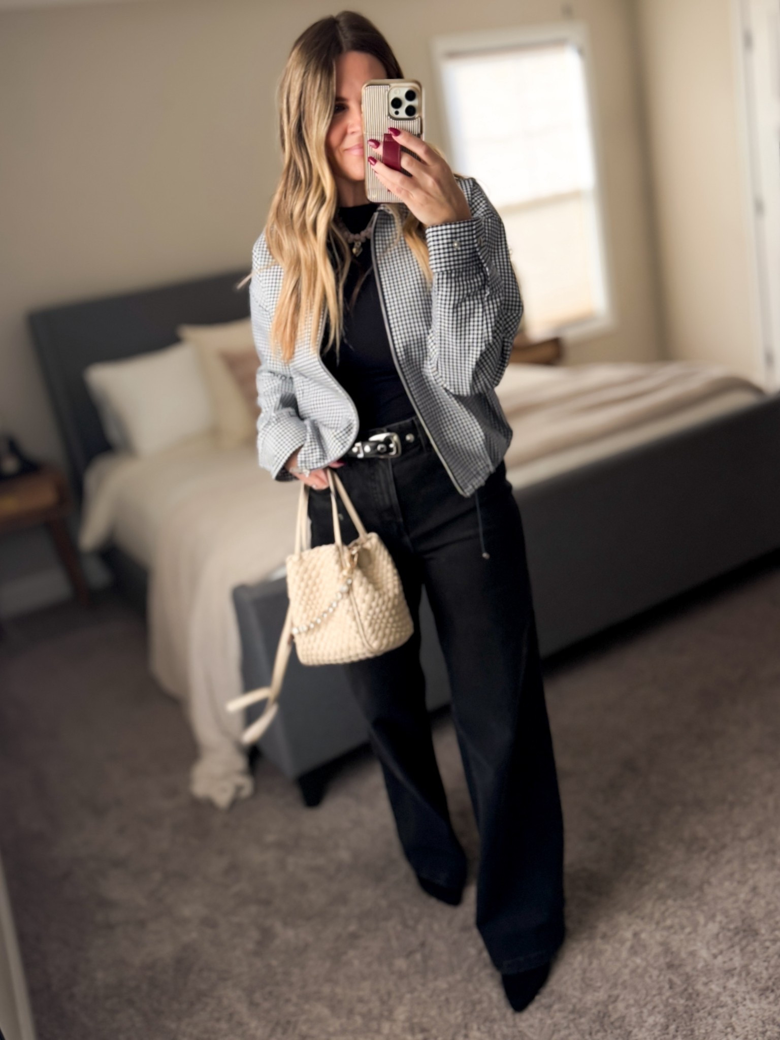 Can you believe this is Walmart?! Grab this $32 gingham jacket before it’s gone! I’m wearing a medium - you can get your true size in this. Oh! And these black full l length jeans, high rise and so so good- also Walmart! Get your true size in these too. 

#LTKOver40 #LTKSeasonal #LTKFindsUnder50