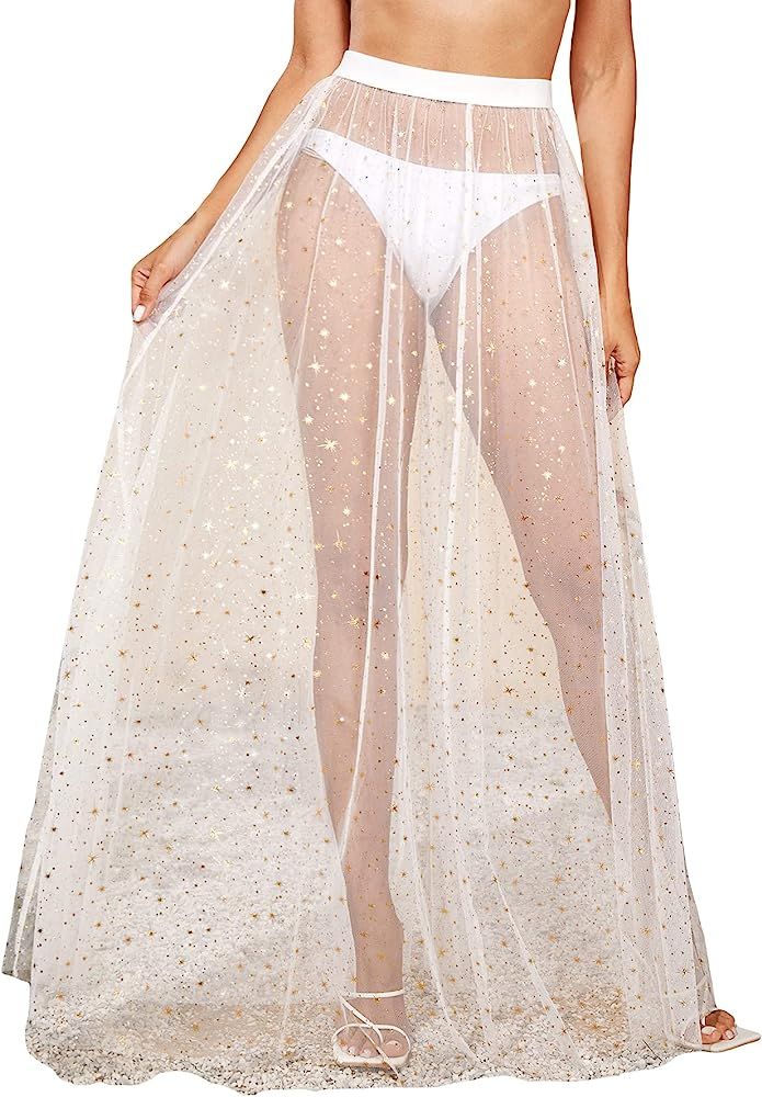 Verdusa Women's High Waist Sheer Mesh A Line Flowy Maxi Skirt Cover Up | Amazon (US)
