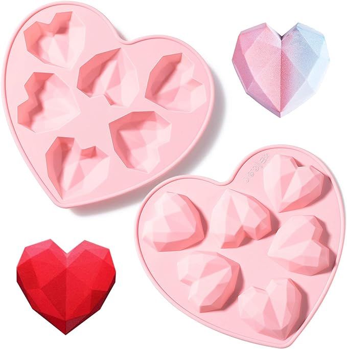 Diamond Heart Silicone Molds, Valentine Pink Chocolate Heart Molds, Cake Silicone Baking Pan with... | Amazon (US)
