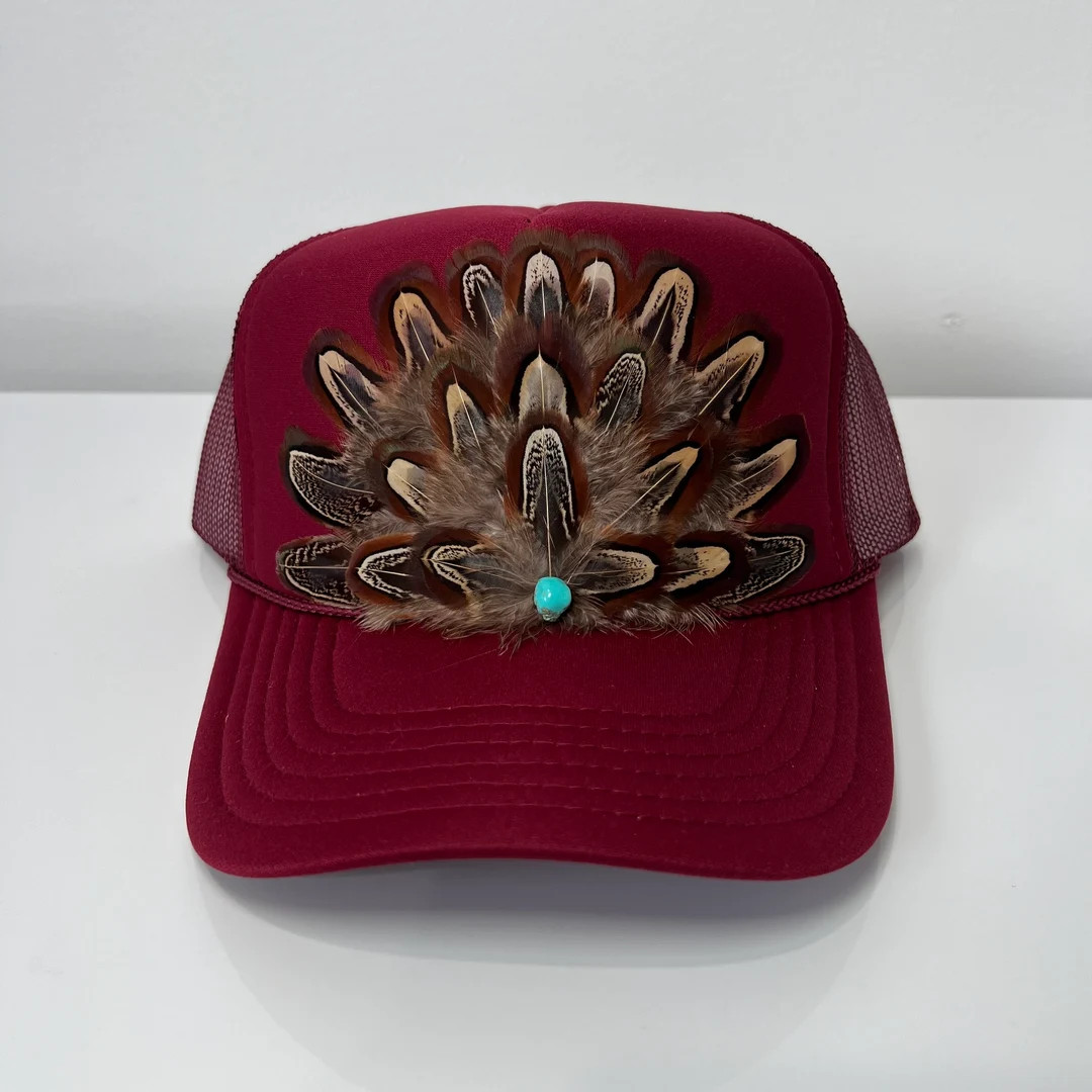 FEATHER Trucker Hat Western Cowgirl Hat Burgundy Maroon - Etsy | Etsy (US)