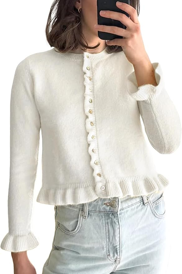 Wyeysyt Womens Cropped Cardigan Sweaters Ruffle Hem Crewneck Button Down Knit Fall Sweater Long S... | Amazon (US)