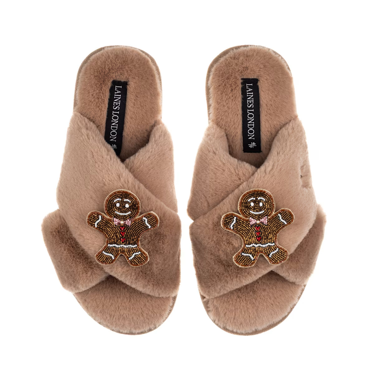 Classic Laines Slippers With Double Gingerbread Man Brooches - Toffee | Wolf & Badger