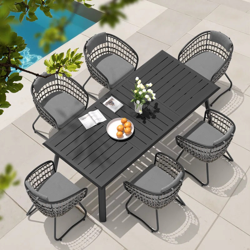 6 - Person Rectangular Aluminum Dining Set with Cushions and Umbrella Hole (Set of 7) | Wayfair North America