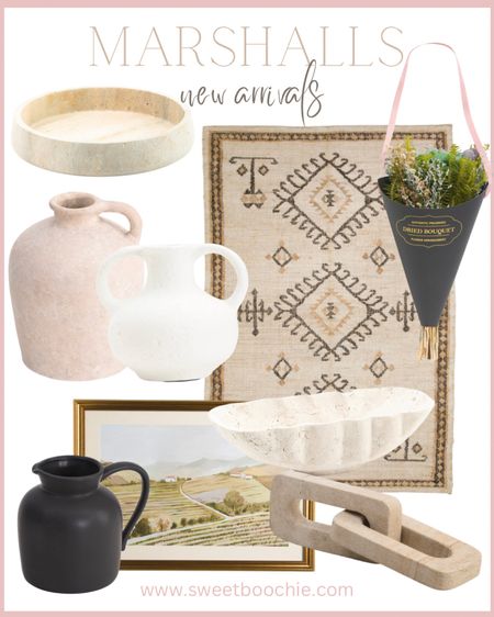 New pretty arrivals at Marshall’s. Travertine bowls, dried flower bouquet, pottery, small pitcher, vintage painting, woven rug, vases, links, home decor, shelf styling, living room decor


#LTKhome #LTKstyletip #LTKFind