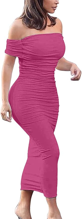GOBLES Women's Ruched Off Shoulder Short Sleeve Bodycon Midi Elegant Cocktail Party Dress | Amazon (US)