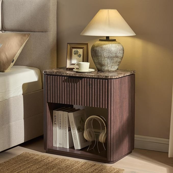 Fluted Nightstand Set of 2, Bedside Table with Faux Marble-Top, Engineered Wood Side Table with D... | Amazon (US)