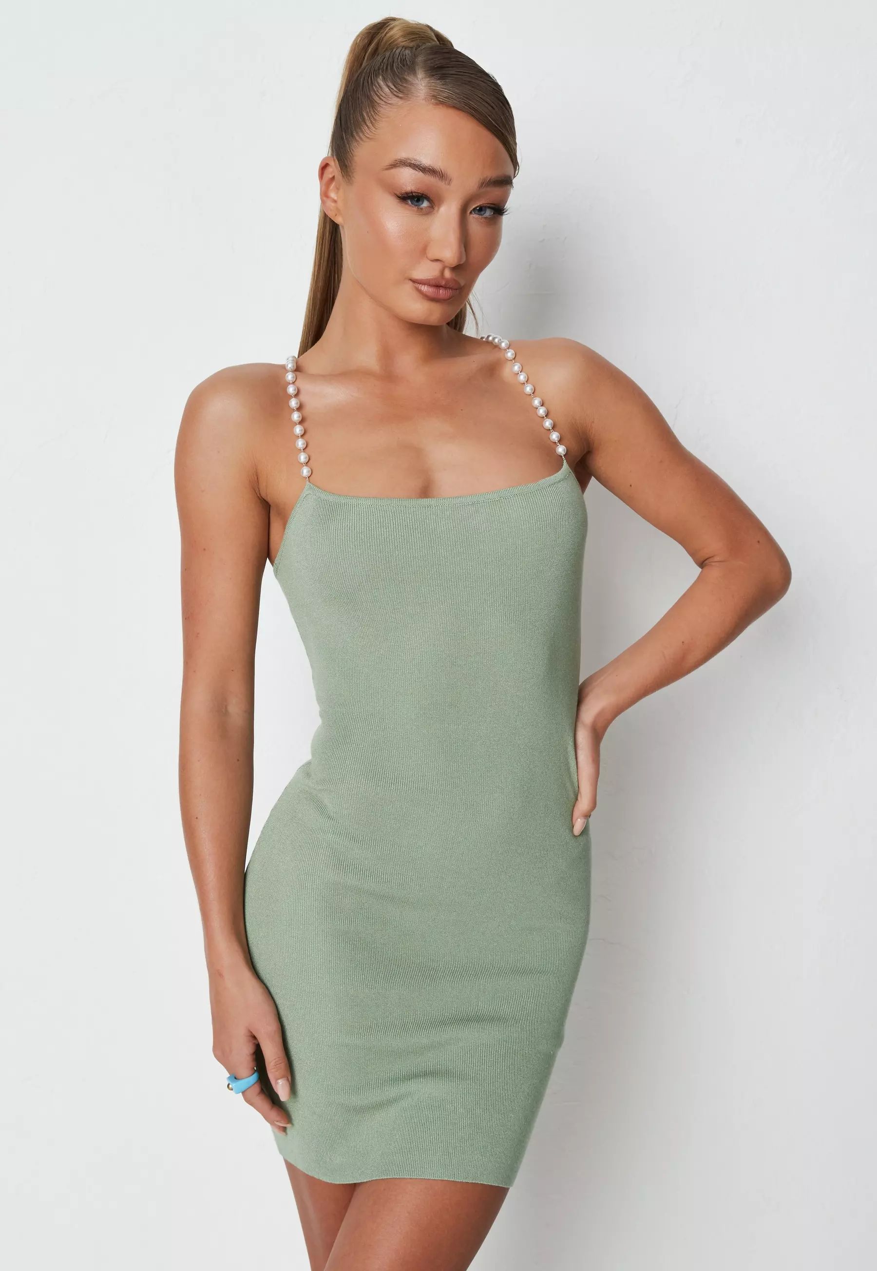 Sage Rib Pearl Cami Knit Mini Dress | Missguided (US & CA)