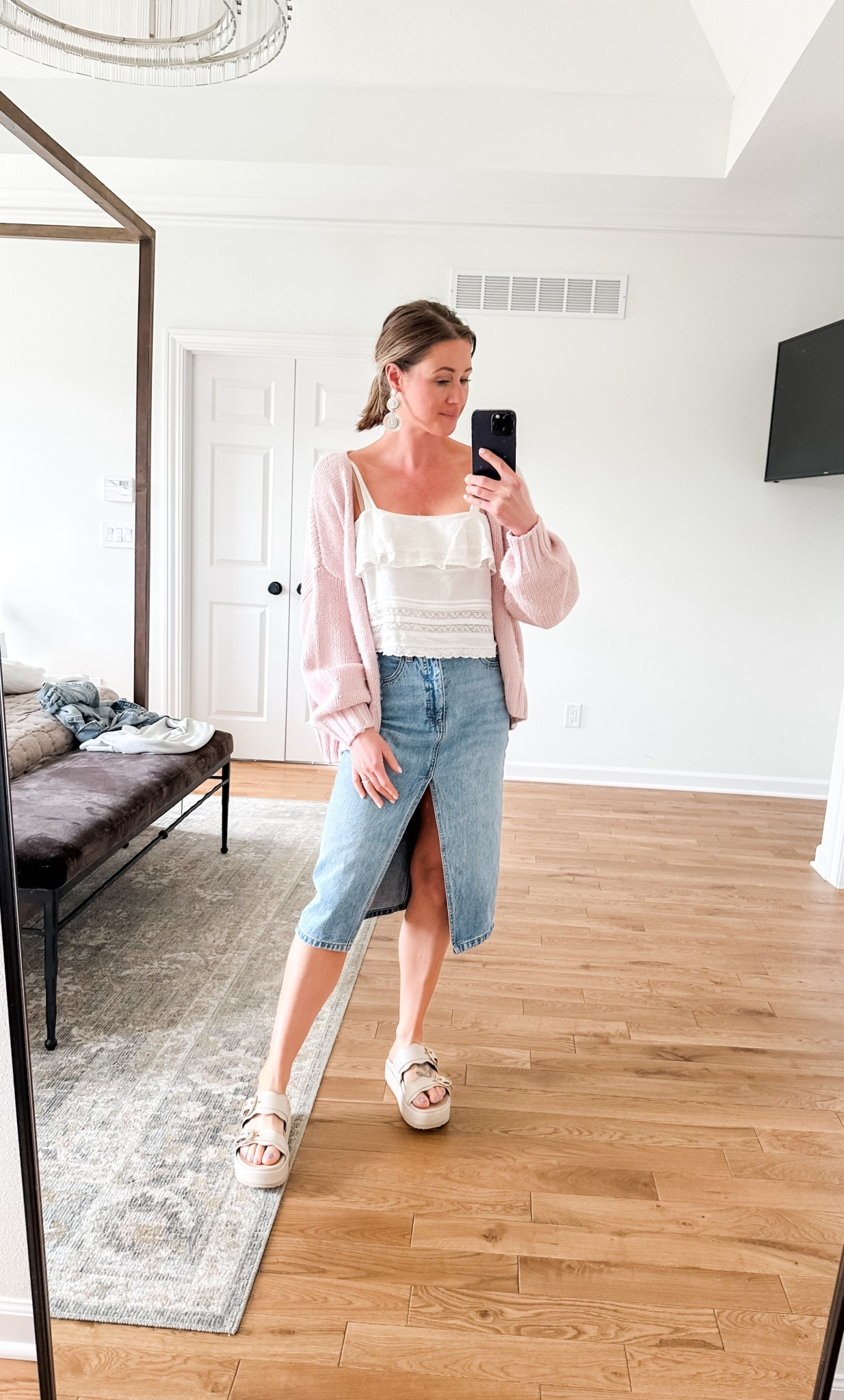 Church outfit and I had to include my new sandals! Sweater is the perfect springy pink and on sale for $29. Other springy color options available. Skirt is on sale too! Some colors as low as $32 👏🏼

#LTKFindsUnder50 #LTKShoeCrush #LTKSaleAlert