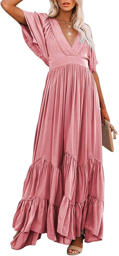 TOLENY Women's Summer Bohemian Dress V Neck Batwing Sleeve Swing Party Maxi Boho Dress | Amazon (US)