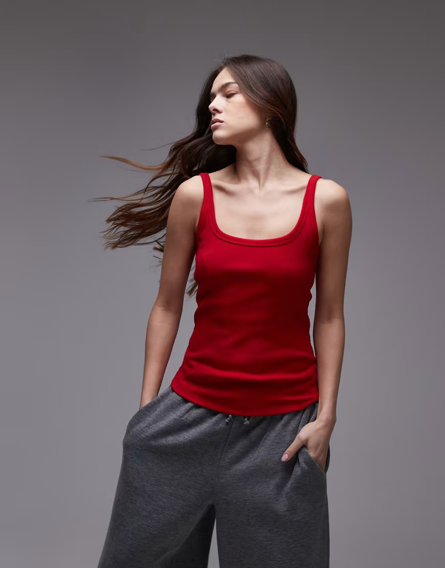 Topshop skinny strap scoop rib vest in cherry red | ASOS (Global)