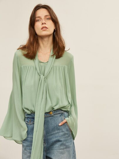 MOTF PREMIUM CHIFFON BELL SLEEVE TIE NECK TOP | SHEIN