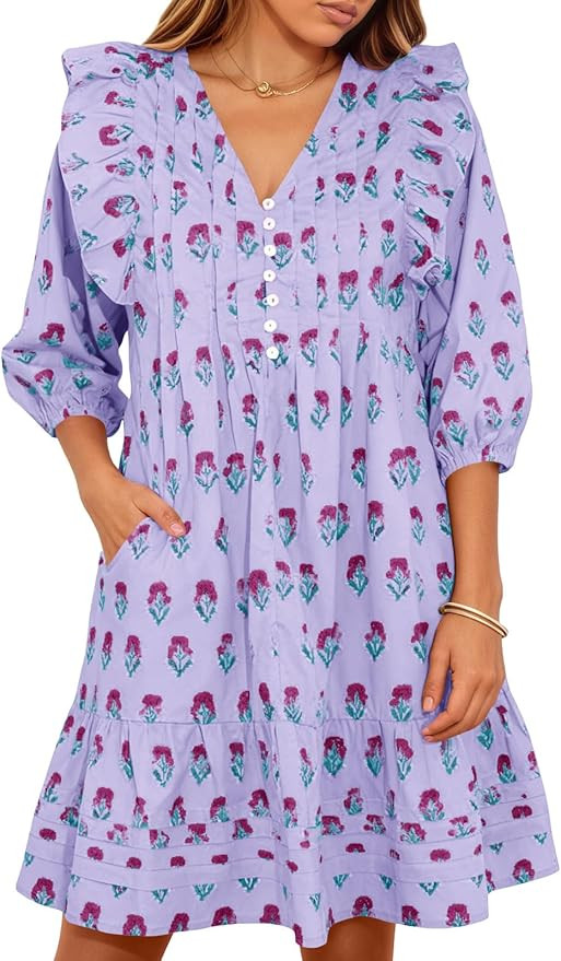 Wenrine Womens Mini Dresses Casual Ruffle 3/4 Lantern Sleeve Floral V Neck Loose Boho Babydoll Dr... | Amazon (US)