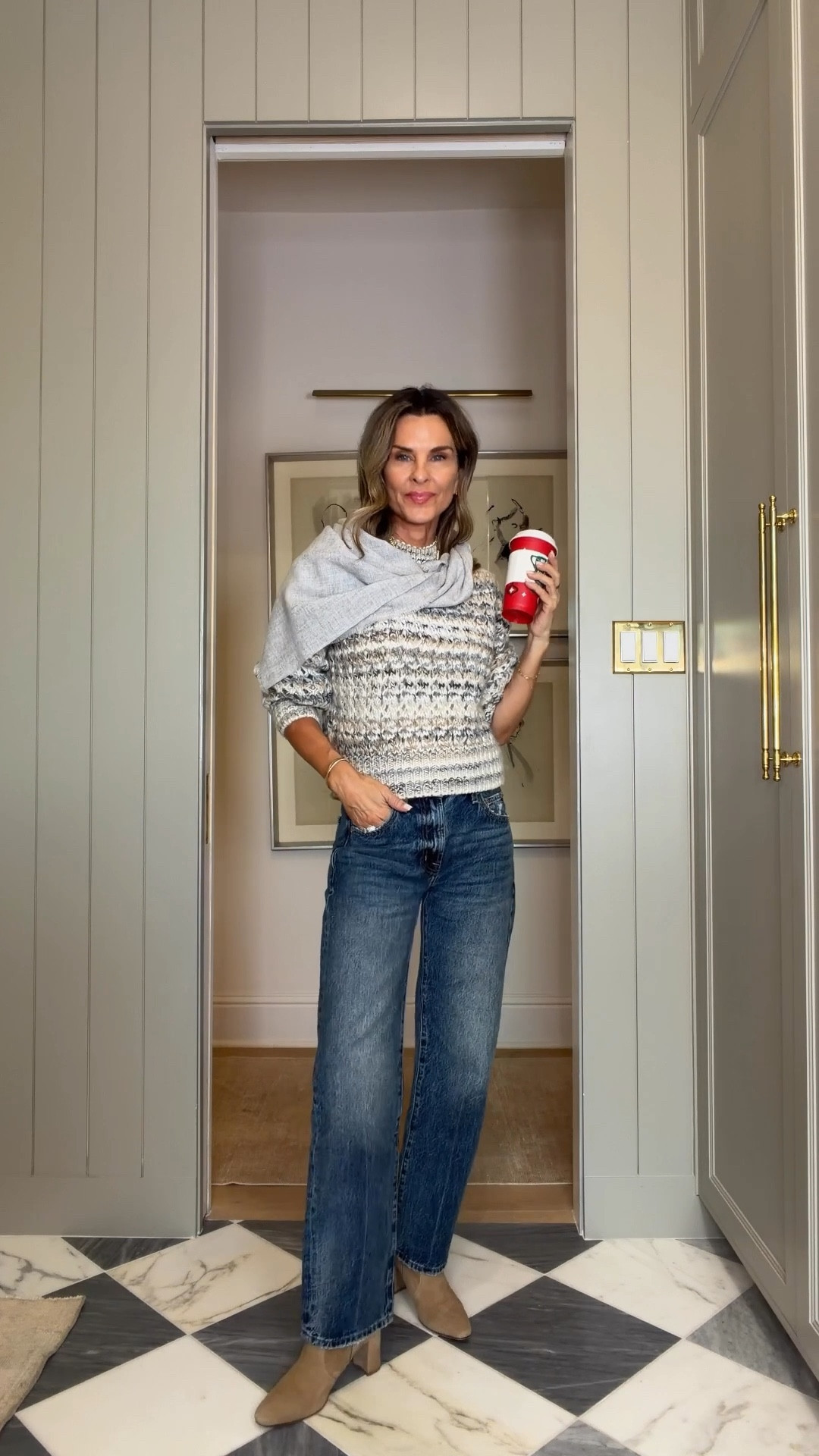 -Jeans with the perfect slight bowl leg. Also available in petite! TTS DISCOUNT CODE TAMMY15
-chunky sweater with a beautiful neutral color way sz XS
-scalloped shirt under sz S 
-boots-TTS. WITH arch support. Inez discount code Tammy15
-Dorsey James necklace is gorgeous 
-Quince cashmere scarf! $35 selling quickly. 

#LTKootd #LTKOver40 #LTKgrwm