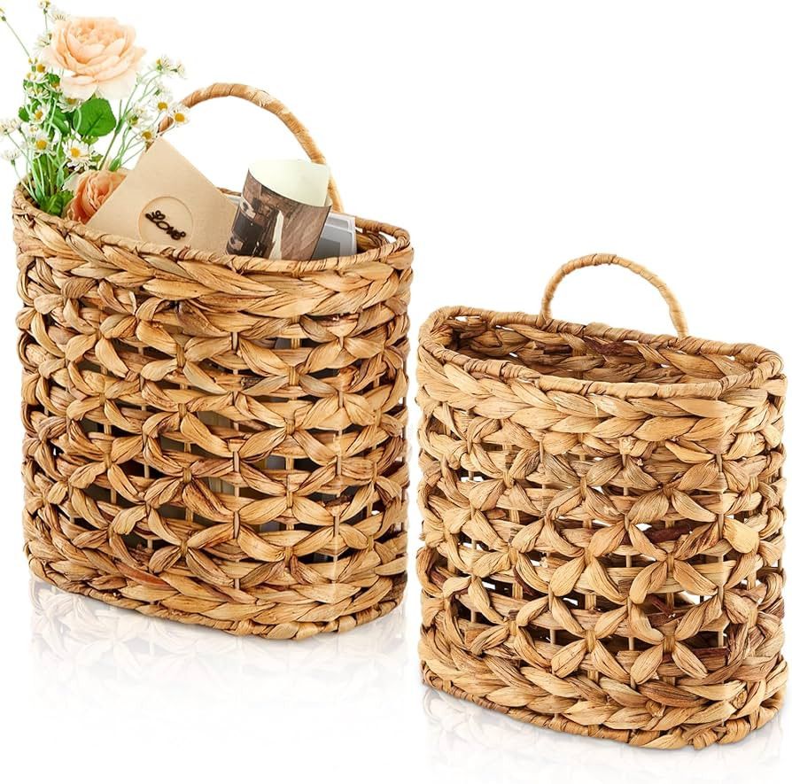 Chunful 2 Pcs Water Hyacinth Hanging Wicker Basket, Natural Wicker Decorative Baskets, Handmade W... | Amazon (US)