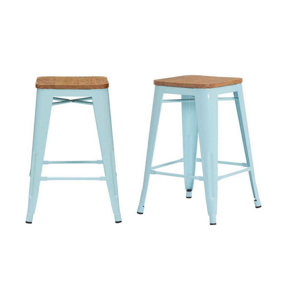 StyleWell Finwick Seafoam Blue Metal Backless Counter Stool with Wood Seat (Set of 2) (16.54 in. ... | The Home Depot