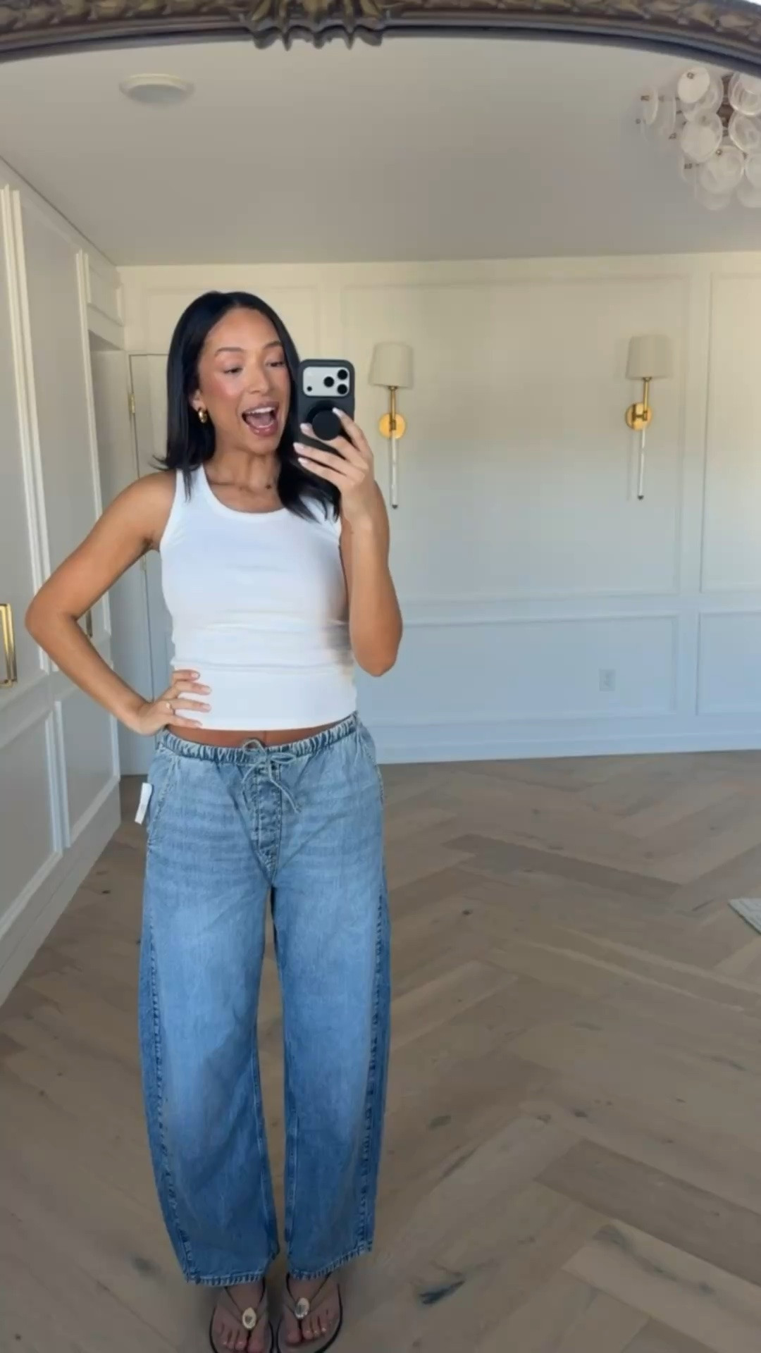 Postpartum gap jeans on SALE and under $50!! These barrel jeans are so cute, casual and super comfortable with an elastic waistband! Wearing size S white tank and size M barrel jeans 

summer fashion, summer style, summer outfit, casual outfit, weekend outfit, mom outfit, postpartum outfit, jeans, gap outfit, gap sale