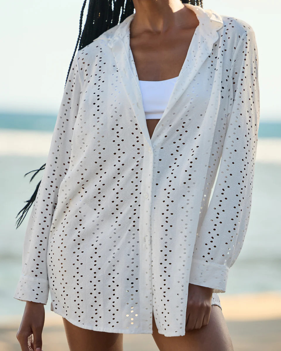 Womens Luxe Eyelet White Long Sleeve Resort Shirt - The Santorini | Kenny Flowers