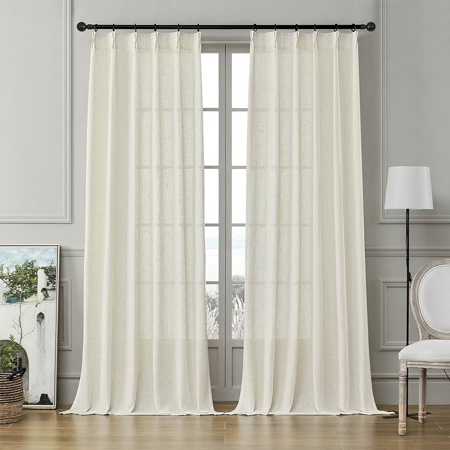 102 Inch Long Pinch Pleat Curtains Semi Sheer Linen Curtains for Living Room 2 Panels Set Light F... | Amazon (US)