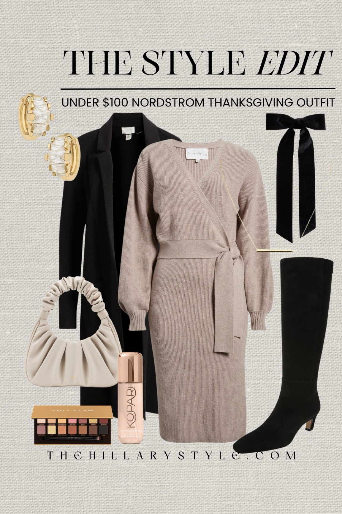 The Style Edit: Nordstrom Thanksgiving Outfit Under $100
Wrap sweater dress, black sweater coatigan, black boots, ruched hobo bag, gold bar necklace, gold huggie earrings, velvet hair bow, hair and body spray, soft glam eye pallet. Charles Henry, Caslon, Sam Edelman, Argento Vivo, Tasha, Kopari, Ettika, JW PEI, Anastasia Beverly Hills, Nordstrom. Thanksgiving outfit, sweater dress outfit, holiday outfit, winter dress, Thanksgiving dress, sweaterdress.

#LTKSeasonal #LTKStyleTip #LTKFindsUnder100