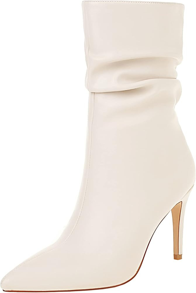 vivianly Womens Pointed Toe Heel Boots Stiletto Heels Mid-Calf Boots Zipper Booties | Amazon (US)