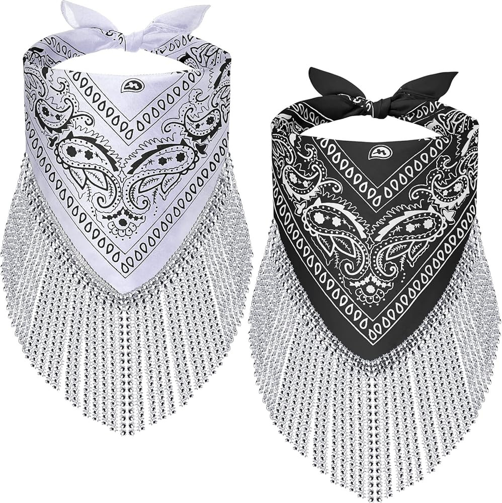 Handepo 2 Pcs Disco Fringed Bandana Last Disco Paisley Bandanas Rhinestone Fringe Bandanas for Wo... | Amazon (US)