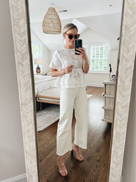 White summer outfit // casual business meeting outfit 
-small top
-cropped white jeans fit tts, 26
-sized up 1/2 in heels 

#LTKStyleTip #LTKSeasonal