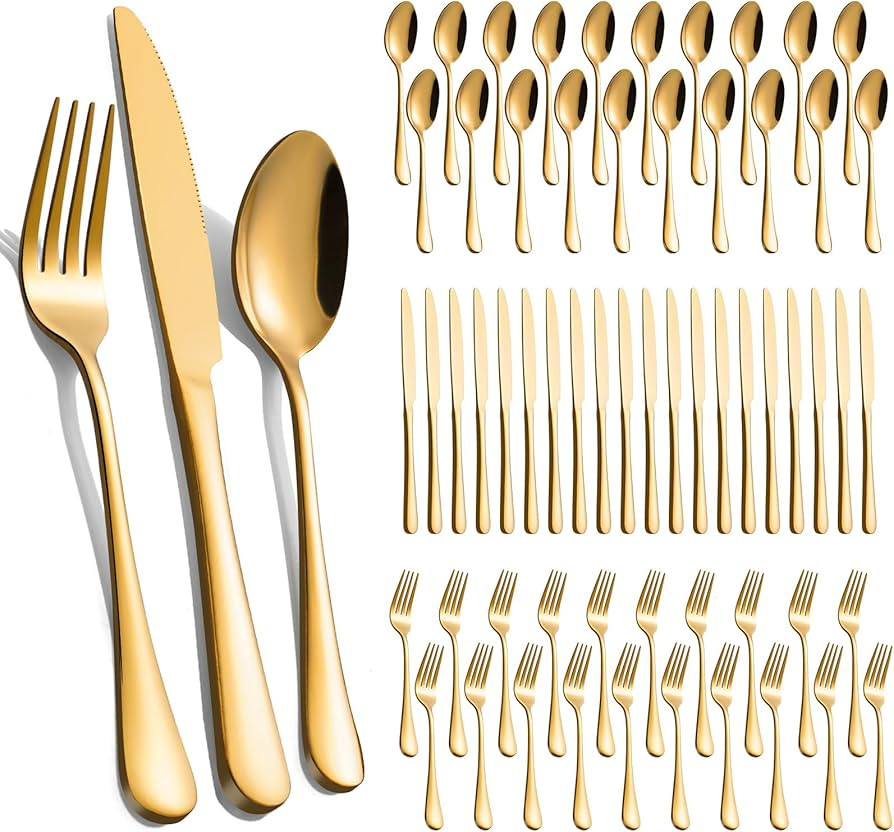 60-Pcs Gold Silverware Set - Stainless Steel Flatware Cutlery Set Service for 20, Mirror Polished... | Amazon (US)