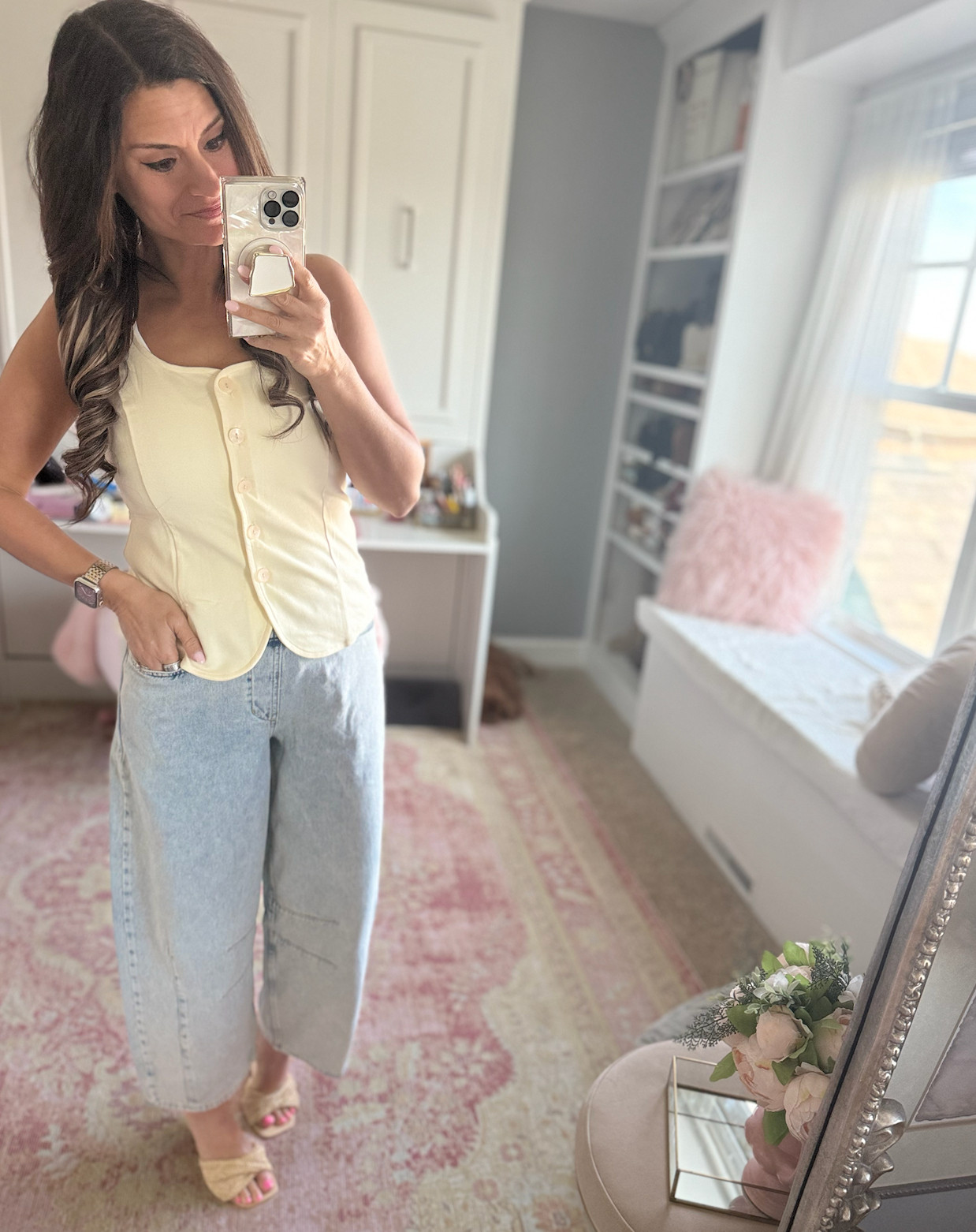 Butter yellow vest with barrel jeans for spring 

 