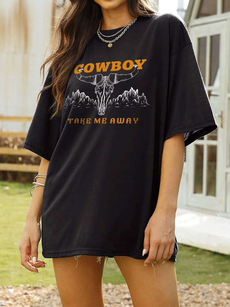 SHEIN EZwear Slogan Graphic Drop Shoulder Oversized Tee | SHEIN