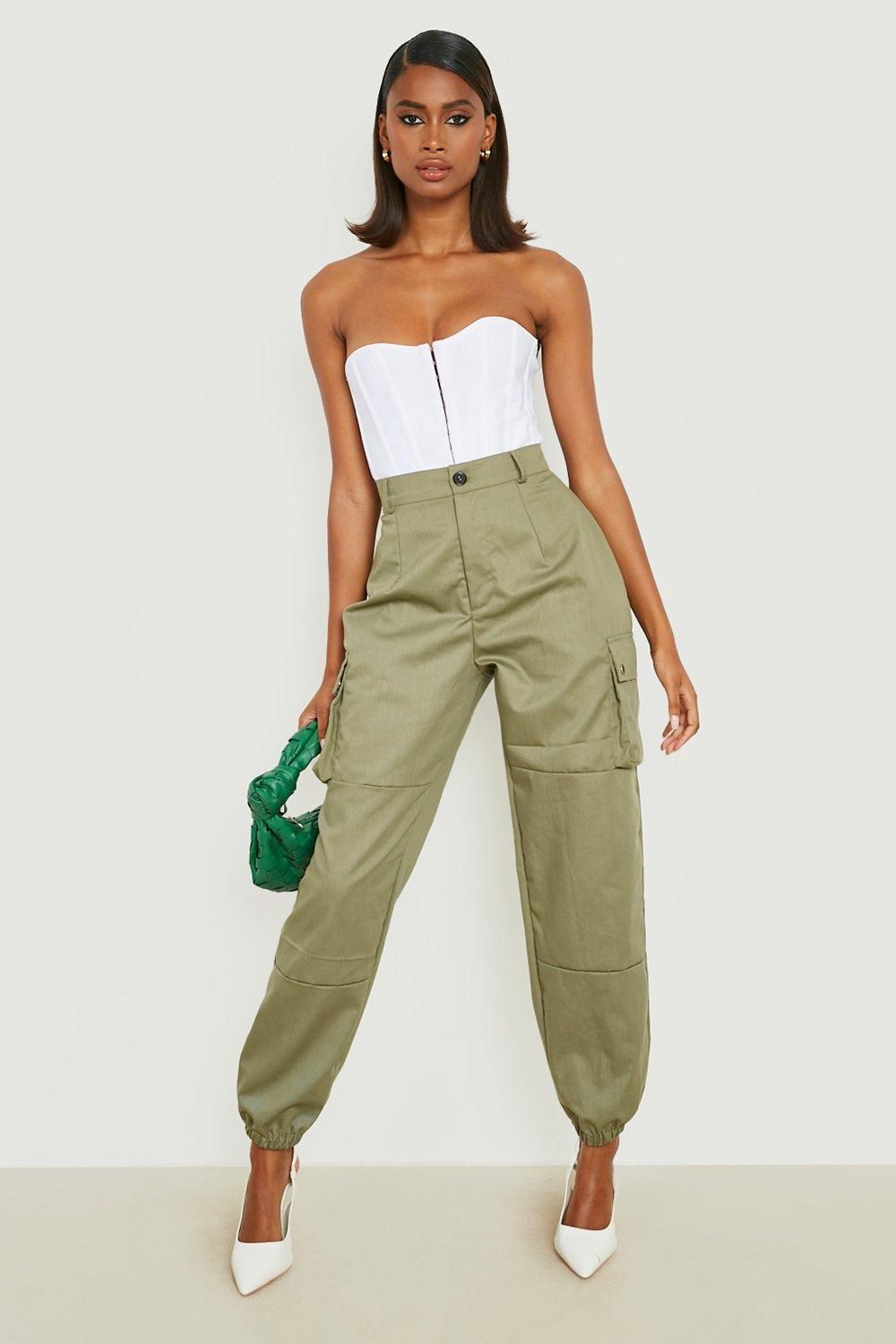 Womens High Waist Woven Pocket Cargo Pants - Green - 8 | Boohoo.com (US & CA)