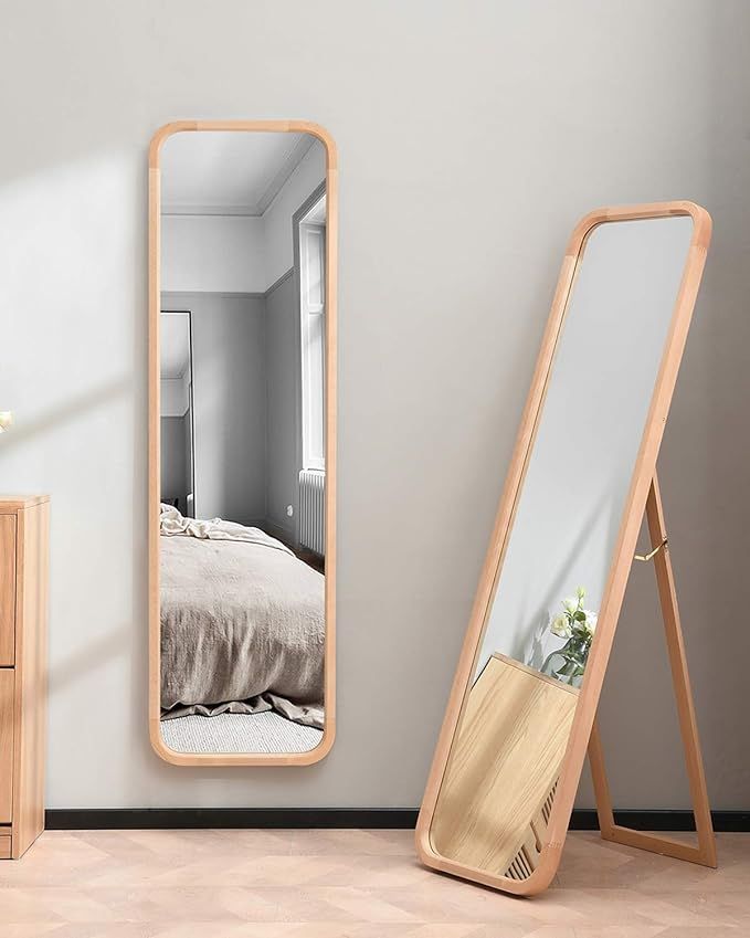 TinyTimes 63"×18" Wooden Full Length Mirror, Floor Mirror with Stand, Beech, Rounded Corner, Rus... | Amazon (US)