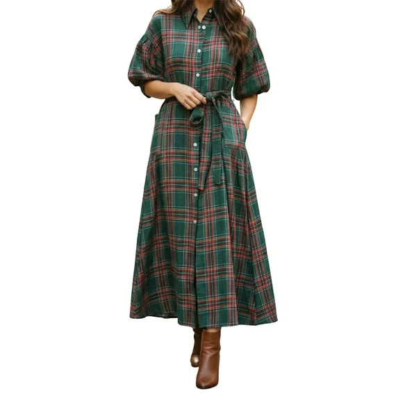 Rdhnmea Women's Christmas Plaid Long Shirt Dress Lantern Short Sleeve Lapel Button Down Christmas... | Walmart (US)