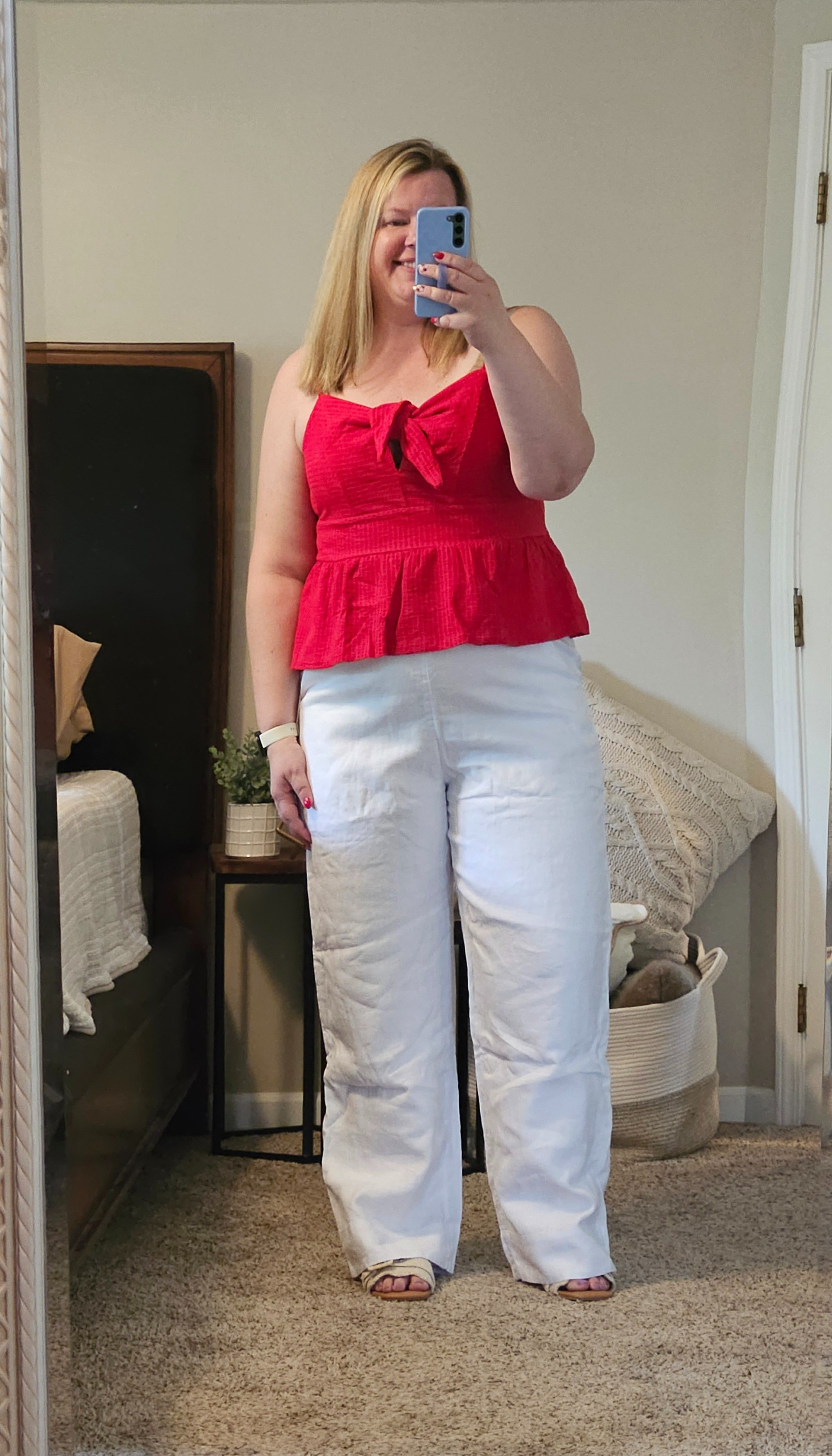These flat front linen shorts are so good!  They have a side zipper and fit TTS.  Wearing a 34 here.  This peplum tie front top I sized up to a XXL. 

#LTKsalealert #LTKfindsunder100 #LTKmidsize