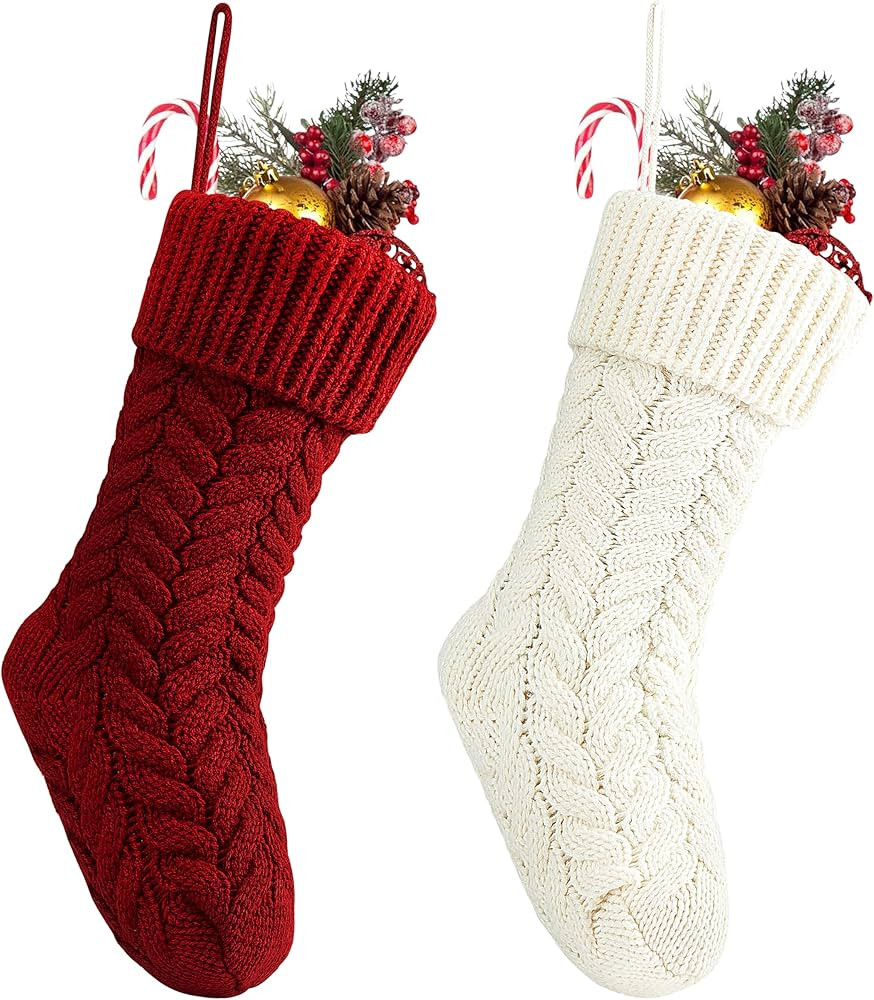 Fesciory 18 Inches Christmas Stockings Bulk, 2 Pack Large Size Cable Knitted Fireplace Hanging St... | Amazon (US)
