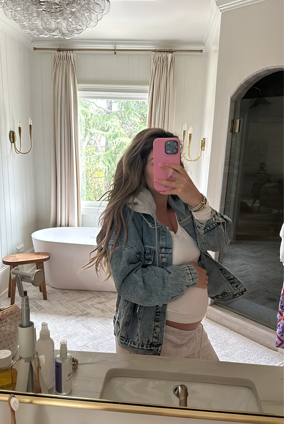 Bump friendly outfit 
Long, sleeved tee small
Boyfriend pants small
Hooded, jean jacket, small  

#LTKbaby #LTKfindsunder50 #LTKbump