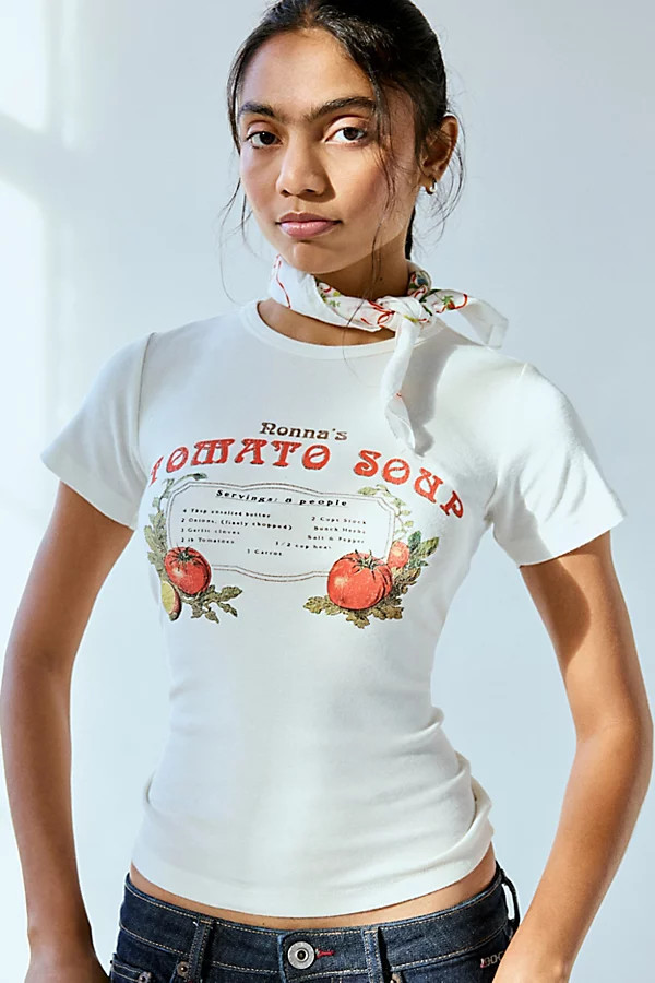 Nonna's Tomato Soup Recipe Graphic Baby Tee in Ivory, Women's at Urban Outfitters | Urban Outfitters (US and RoW)