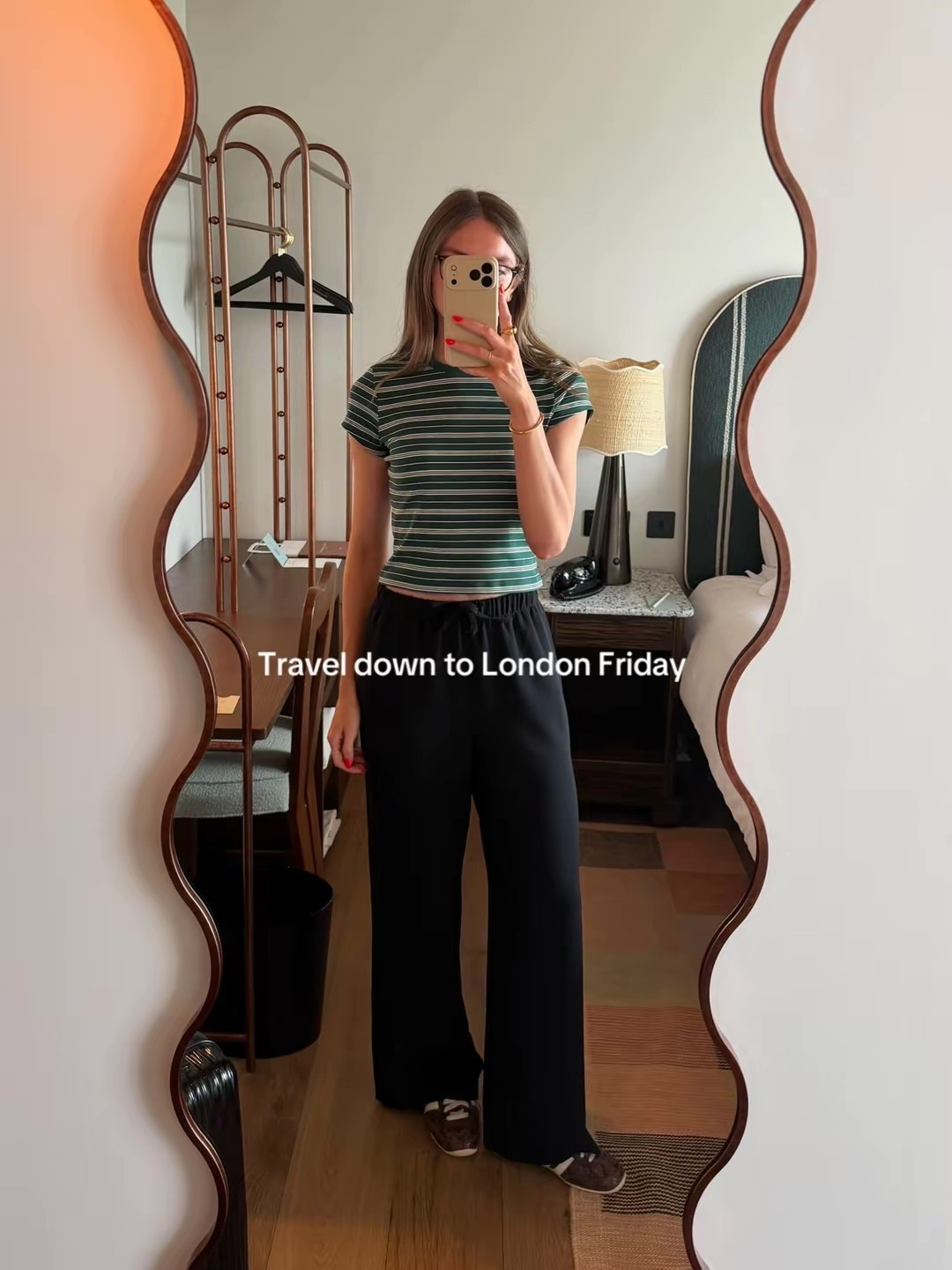 My weekend in outfits

Small in the striped UNIQLO t-shirt
Small reg in the aritzia the lodge pants, I’m 5ft 6
Mine are the black crepette material
Adidas Japan trainers