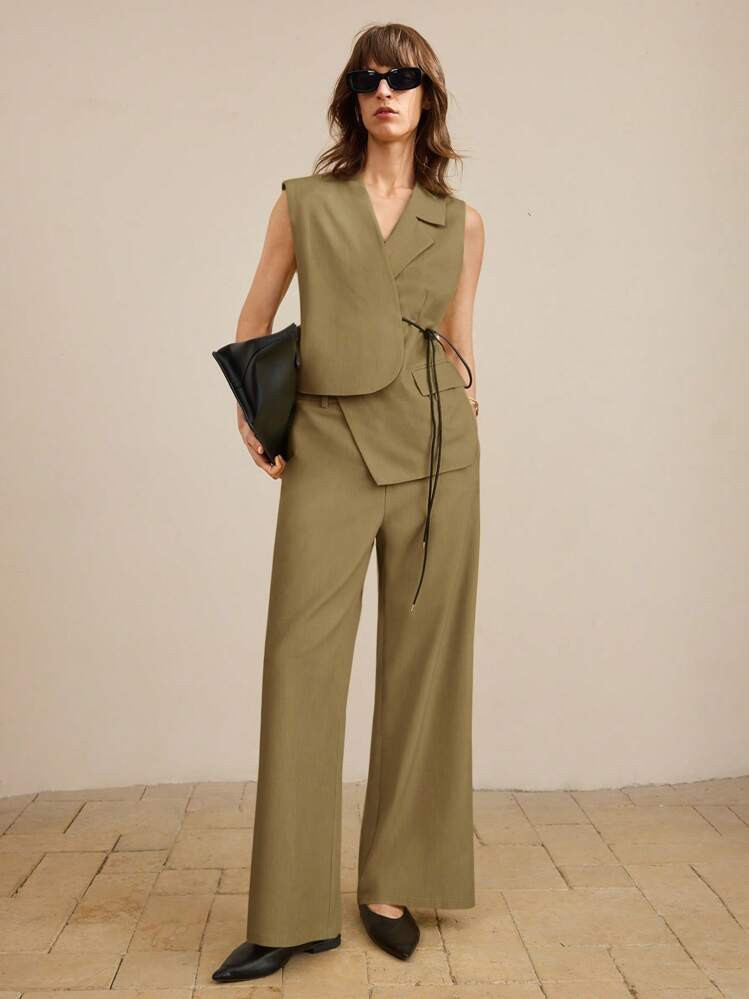 Ontre 2025 Autumn Women's 2 Pieces Set Yellow Blazer Collar Vest Tie Waist Suit Pants Casual Outfit, Business Casual Women's Office Wear, Music Festival Costume, Halloween Christmas Party Elegant Attire Modern Urban Casual Fashion Business Casual Women's Office Wear Low-Key Old Money Style Effortless Temperament High-End Urban Commuting High-Quality Airport Women's Wear High-End Material Modern Urban Casual Fashion Business Casual Women's Office Wear Low-Key Old Money Style Effortless Temperament High-End Urban Commuting High-Quality Airport Women's Wear High-End Material | SHEIN